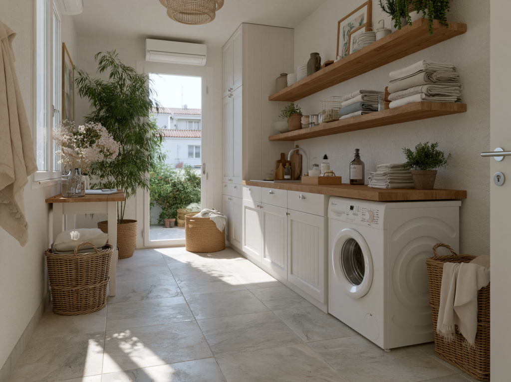 Buanderie moderne bien aménagée avec rangements